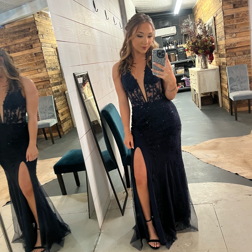 Sherri Hill Midnight Blue Backless Dress